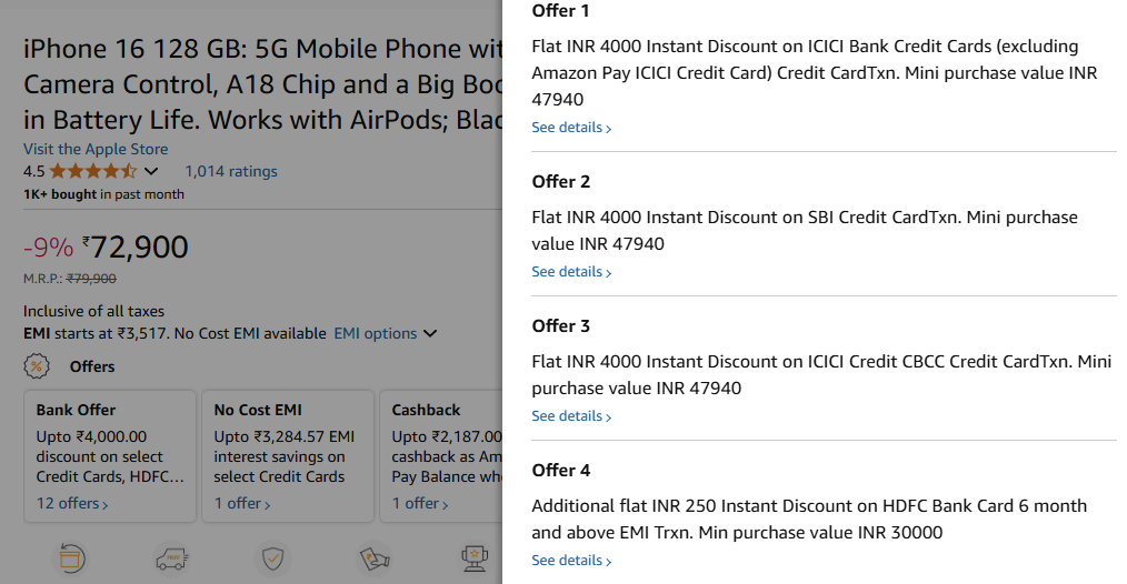 Screenshot of Amazon India page for iPhone 16 128GB for iPhone 16 price drop, displaying a discounted price of ₹72,900 (from ₹79,900 MRP) and details of bank offers, including ₹4,000 instant discounts on ICICI and SBI credit cards.