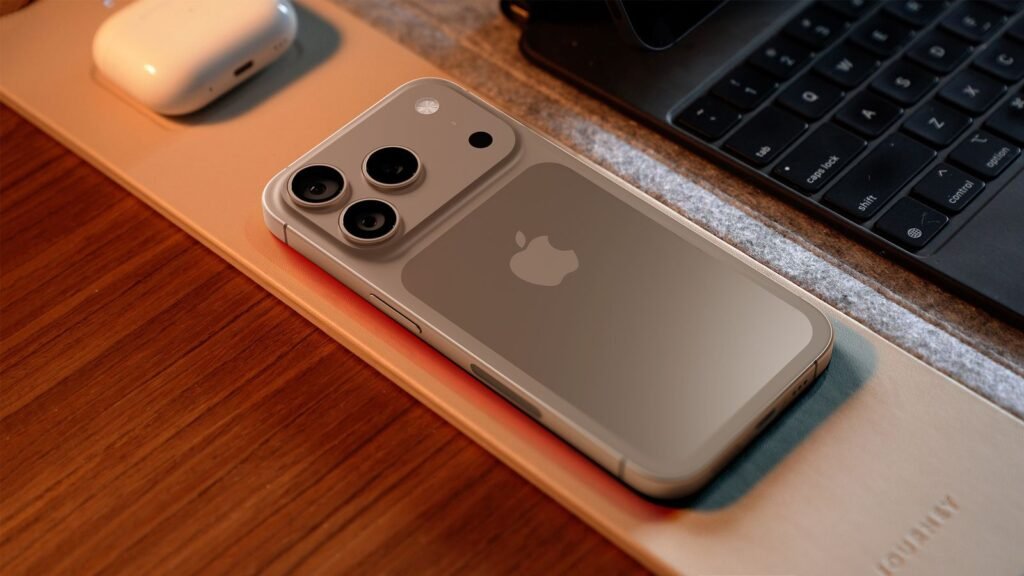 Overhead-view-of-an-iPhone-17-Pro-concept-lying-on-a-wooden-desk-next-to-a-laptop-and-AirPods-showing-its-potential-new-horizontal-camera-bar-design-and-Apple-logo.jpg