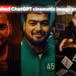 Composite feature image promoting ChatGPT cinematic image prompts, showing a man transformed into three different movie-style characters: a gritty, intense figure, a card magician with floating cards, and a character from Squid Game wearing number 456. Overlay text reads 'Unlimited ChatGPT cinematic image prompt you need in 2025!