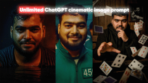 Composite feature image promoting ChatGPT cinematic image prompts, showing a man transformed into three different movie-style characters: a gritty, intense figure, a card magician with floating cards, and a character from Squid Game wearing number 456. Overlay text reads 'Unlimited ChatGPT cinematic image prompt you need in 2025!