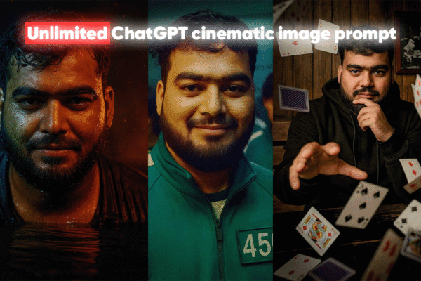 Composite feature image promoting ChatGPT cinematic image prompts, showing a man transformed into three different movie-style characters: a gritty, intense figure, a card magician with floating cards, and a character from Squid Game wearing number 456. Overlay text reads 'Unlimited ChatGPT cinematic image prompt you need in 2025!