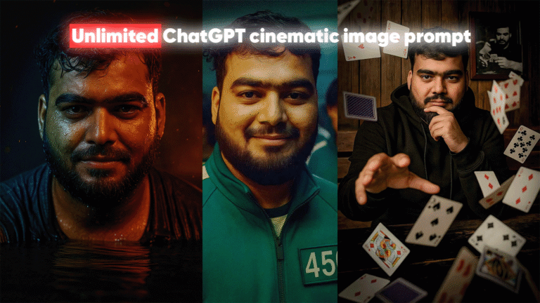 Composite feature image promoting ChatGPT cinematic image prompts, showing a man transformed into three different movie-style characters: a gritty, intense figure, a card magician with floating cards, and a character from Squid Game wearing number 456. Overlay text reads 'Unlimited ChatGPT cinematic image prompt you need in 2025!