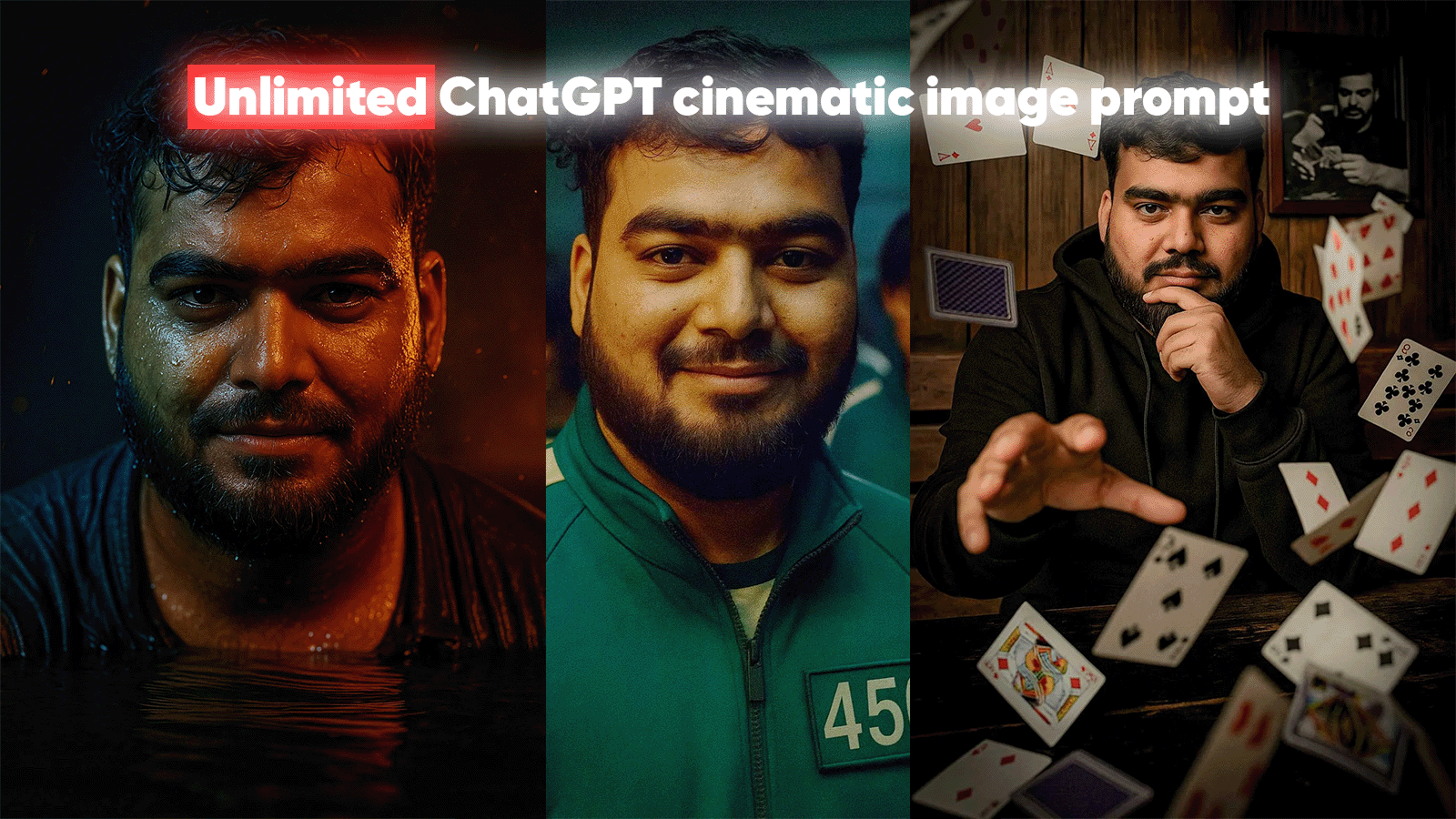 Composite feature image promoting ChatGPT cinematic image prompts, showing a man transformed into three different movie-style characters: a gritty, intense figure, a card magician with floating cards, and a character from Squid Game wearing number 456. Overlay text reads 'Unlimited ChatGPT cinematic image prompt you need in 2025!