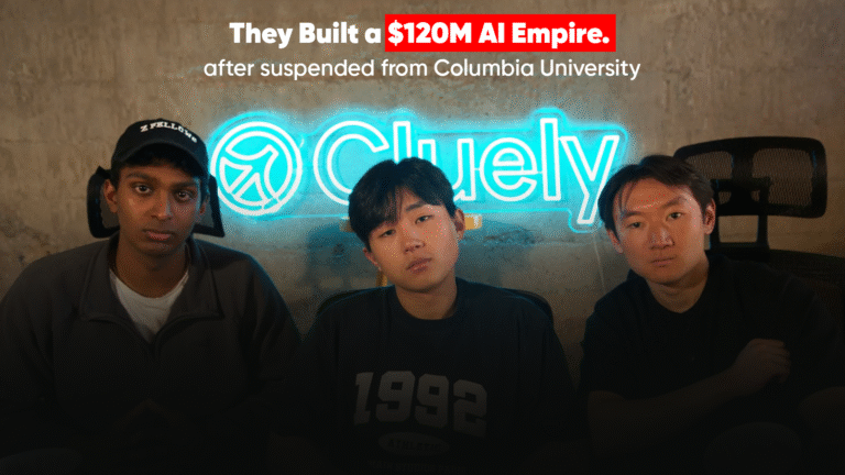 Three young male founders of Cluely AI, standing in front of a bright neon 'Cluely' sign. Overlay text reads 'They Built a $120M AI Empire. after suspended from Columbia University'