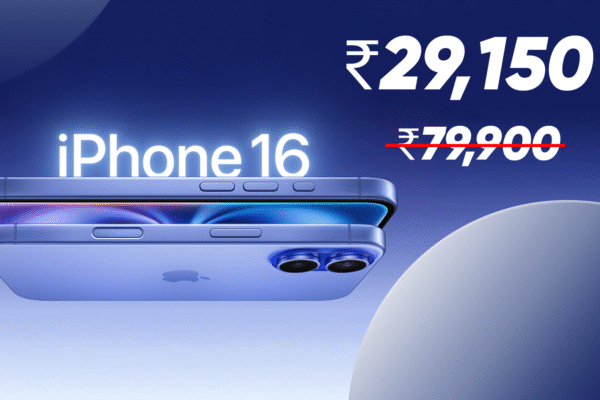 Promotional image for Apple iPhone 16, showing its effective price of ₹29,150 with the original ₹79,900 price crossed out, highlighting the significant iPhone 16 price drop.