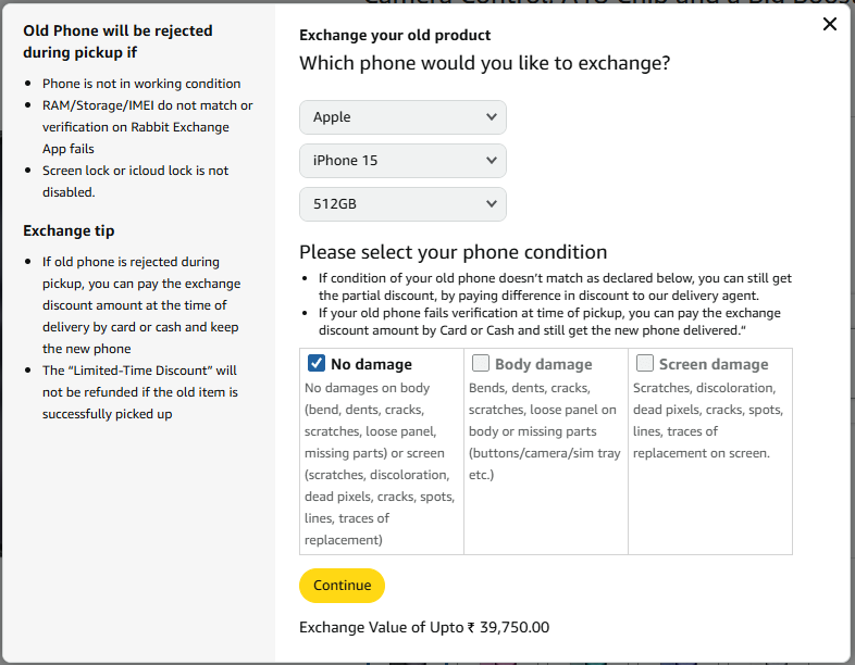 Amazon iPhone exchange offer interface, showing an iPhone 15 512GB selected with 'No damage' condition, offering an exchange value of Upto ₹39,750.00. Also lists conditions for rejection.