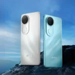 The iQOO Z10R phones in white and light blue, set against a sky background. A look at the design details you get for the excellent iQOO Z10R price.