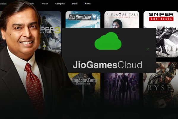 Mukesh Ambani, Chairman of Reliance Industries, smiling beside a JioGames interface showcasing various game titles and a prominent green gamepad icon for Jio Cloud Gaming. Overlay text highlights "JIO BIG STEP IN GAMING WORLD" and the benefit of "4K Gaming on Any Old PC" with Jio Cloud Gaming