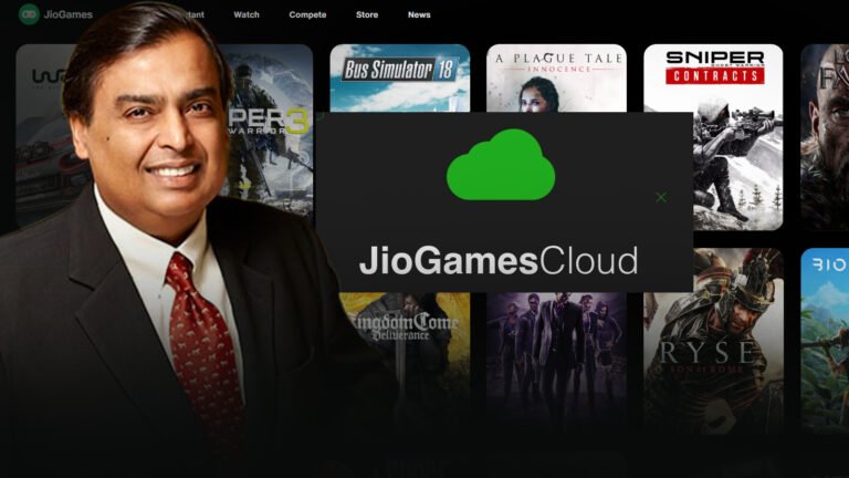 Mukesh Ambani, Chairman of Reliance Industries, smiling beside a JioGames interface showcasing various game titles and a prominent green gamepad icon for Jio Cloud Gaming. Overlay text highlights "JIO BIG STEP IN GAMING WORLD" and the benefit of "4K Gaming on Any Old PC" with Jio Cloud Gaming